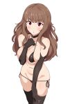  1girl absurdres bangs bare_shoulders bikini black_bikini black_choker black_gloves black_legwear blush breasts brown_hair choker elbow_gloves gloves highres idolmaster idolmaster_cinderella_girls kamiya_nao long_hair looking_at_viewer micro_bikini navel parted_lips red_eyes seihekiog side-tie_bikini sideboob simple_background solo swimsuit thighhighs thighs white_background 