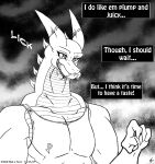  2016 anthro belly_scales bodily_fluids clothing comic dragon drooling english_text hi_res horn if_hell_had_a_taste licking licking_lips male muscular muscular_anthro muscular_male open_mouth saliva scales scar shirt skylar_fidchell solo text tongue tongue_out topwear viroveteruscy 