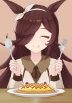  1girl :t animal_ears bangs bow_hairband brown_hair chewing closed_eyes collared_shirt eating food fork hair_over_one_eye hairband hands_up highres holding holding_fork holding_spoon horse_ears horse_girl ketchup long_hair long_sleeves mutsuki_nodoka neck_ribbon omurice plate ribbon rice_shower_(umamusume) shirt smile solo spoon steam table umamusume 