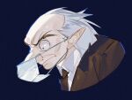  1boy bald big_nose blue_background brown_jacket closed_mouth collarbone constricted_pupils frown grey_hair highres igor_(persona) jacket kanmae male_focus mask mouth_mask persona persona_5 pointy_ears portrait shirt short_hair simple_background white_shirt 