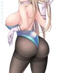  1girl absurdres asagiri_ai ass asuna_(blue_archive) asuna_(bunny)_(blue_archive) bangs bare_back black_legwear blue_archive breasts commentary_request elbow_gloves from_behind gloves highleg highleg_leotard highres large_breasts leotard light_brown_hair long_hair official_alternate_costume out_of_frame pantyhose playboy_bunny sideboob sidelocks simple_background sleeveless solo strapless strapless_leotard white_background white_gloves 