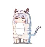  1girl absurdres animal_ears bai_(granblue_fantasy) bangs blush chibi commentary_request full_body granblue_fantasy grey_eyes grey_hair highres moyoron shadow simple_background sleeping_bag solo standing tail tiger_ears tiger_girl tiger_tail white_background 