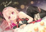  1girl bandaged_arm bandages black_dress black_gloves black_legwear bow bowtie breasts cleavage dress engage_kiss gloves kisara_(engage_kiss) long_hair looking_at_viewer lowres lying official_art on_stomach pink_hair red_bow red_bowtie signature single_glove solo thighhighs unohana_tsukasa 