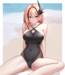 1girl absurdres azur_lane beach black_swimsuit blonde_hair breasts brown_eyes cleavage covered_navel headband highres large_breasts looking_at_viewer multicolored_hair one-piece_swimsuit roon_(azur_lane) sand sitting solo streaked_hair swimsuit water xi_(377684317) 