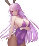  1girl animal_ears arm_under_breasts bangs bare_arms bare_shoulders breasts brown_legwear cleavage commentary_request covered_navel eyes_visible_through_hair hair_over_one_eye highres large_breasts leotard looking_at_viewer mashiro03 original pantyhose playboy_bunny purple_hair purple_leotard rabbit_ears red_eyes simple_background white_background 