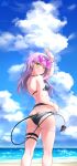  1girl absurdres ass bangs bikini blush breasts demon_tail ear_piercing earrings eyewear_on_head fang green_eyes highres hololive jewelry long_hair looking_at_viewer multicolored_hair ocean piercing pink_hair purple_hair rei_(9086) sky small_breasts smile solo swimsuit tail thigh_strap thighs tokoyami_towa virtual_youtuber 