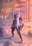  anthro axe background_sky canid canine canis clothed clothing detailed_background digital_media_(artwork) fantasy fingers forest fur hair hi_res holding_object holding_sword holding_weapon looking_at_viewer male mammal melee_weapon mountain nomuralok outside plant ranged_weapon sharperit shield simple_background smile snow solo sword tree video_games weapon white_body white_fur wolf 