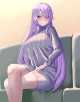  1girl absurdres bangs breasts closed_mouth commentary_request crossed_legs dress feet_out_of_frame highres large_breasts long_hair long_sleeves looking_at_viewer mashiro03 original purple_hair red_eyes sitting smile solo sweater sweater_dress thighs 