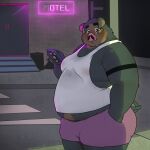  1:1 2022 absurd_res anthro anthrofied belly big_belly black_body blush bottomwear cellphone clothing detailed_background hi_res humanoid_hands kemono lechonk male moobs night nintendo outside overweight overweight_male phone pok&eacute;mon pok&eacute;mon_(species) qqmelon888 shirt shorts smartphone solo topwear video_games 