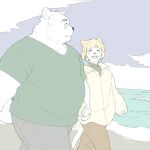  2022 anthro belly big_belly bottomwear canid canine canis clothing domestic_dog duo eyes_closed hand_holding hi_res inunoshippo kemono male mammal outside overweight overweight_male pants sea shirt topwear walking water 