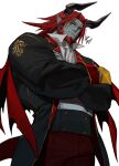  1boy artist_name bara beard belt blue_skin cape coat collar colored_skin crossed_arms demon demon_boy demon_horns facial_hair fang gomtang horns long_hair looking_at_viewer male_focus manly mature_male muscular muscular_male original pants pointy_ears red_hair signature solo yellow_eyes 