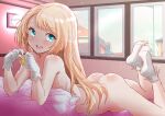  1girl ass bed blonde_hair commentary_request condom condom_wrapper day fuji_(pixiv24804665) gloves highres jervis_(kancolle) kantai_collection long_hair lying nude on_stomach open_mouth pillow round_teeth socks solo teeth upper_teeth white_gloves white_legwear window 