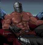  1boy abs areyouhun_(sleeplazycat) bara biceps chest_hair commission couch covered_face dark-skinned_male dark_skin elden_ring gloves hairy helmet large_pectorals loincloth male_focus manly mask mature_male muscular muscular_male nipples outdoors pants pectorals rock solo thick_arms topless_male veins veiny_arms 