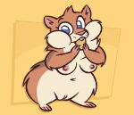  2022 anthro artdexo2000 blue_eyes breasts brown_body brown_fur casual_nudity cricetid eating female fur hamster hi_res looking_at_viewer mammal nipples nude rodent semi-anthro short_stack solo toony 