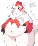  2022 5:6 anthro belly big_belly blush bodily_fluids eating eyes_closed food hi_res kemono navel nintendo overweight pok&eacute;mon pok&eacute;mon_(species) red_body rokacake simple_background solo sweat video_games white_background white_body zangoose 