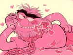  &lt;3 animal_(muppets) beard bedroom_eyes blush bottomwear chain chained clothing eyebrows facial_hair fangs flower_in_mouth hair humanoid lying male missuspatches monster muppet muppets narrowed_eyes on_side pants petals pose red_hair scruffy seductive shirt smile solo tentacles topwear unibrow 