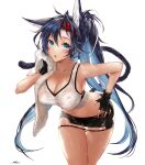  1girl animal_ears apt arknights bangs black_gloves black_hair black_skirt blaze_(arknights) blue_eyes blush breasts cat_ears cat_tail cleavage collarbone drying extra_ears gloves hairband highres huge_breasts long_hair looking_at_viewer midriff miniskirt narrow_waist navel open_mouth ponytail red_hairband shirt skirt solo sweat tail thighs towel very_long_hair white_background white_shirt 