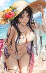  1girl bare_shoulders beach bikini black_hair breasts cleavage clothing_cutout hat highres kellymonica02 large_breasts looking_to_the_side navel_cutout open_clothes open_shirt original piyon smile solo sun_hat swimsuit thigh_strap thighs white_bikini yellow_eyes 