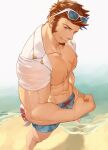  1boy abs alternate_costume bara bare_pectorals beach blue_eyes blue_male_swimwear brown_hair cross_scar ear_piercing eyewear_on_head facial_hair fate/grand_order fate_(series) flexing from_above goatee hidora_art highres large_pectorals long_sideburns looking_at_viewer male_focus male_swimwear mature_male muscular muscular_male napoleon_bonaparte_(fate) open_clothes open_shirt pectorals perspective piercing pose scar scar_on_chest short_hair sideburns smile solo standing sunglasses swim_trunks wet 