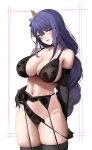  1girl absurdres bangs blush breasts cleavage elbow_gloves garter_straps genshin_impact gloves hair_ornament highres huge_breasts lingerie long_hair looking_at_viewer open_mouth purple_eyes purple_hair raiden_shogun solo sweat thick_thighs thighhighs thighs underwear yuchae 
