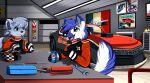  2022 absurd_res anthro canid canine car digital_media_(artwork) drinking eyewear fanta female fox fur glasses hi_res juice_can lutrine male mammal multicolored_body multicolored_fur mustelid open_mouth pepsi pridark product_placement race_car straw tools vehicle workshop wrench 