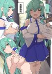  1boy 1girl bangs blush breast_grab breast_hold breasts frog_hair_ornament grabbing green_eyes green_hair hair_ornament kochiya_sanae long_hair looking_at_viewer multiple_views open_mouth shiseki_hirame sidelocks smile touhou translation_request 