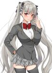  1girl alternate_costume amagi_(amagi626) azur_lane black_bra black_garter_straps black_jacket black_legwear black_nails black_ribbon bow bowtie bra bra_peek breasts button_gap collared_shirt earrings formidable_(azur_lane) gold_trim grey_hair grey_skirt hair_ribbon hand_on_hip highres jacket jewelry large_breasts light_smile long_hair looking_at_viewer miniskirt nail_polish plaid plaid_skirt pleated_skirt red_bow red_bowtie red_eyes ribbon school_uniform shirt simple_background skirt solo taut_clothes taut_shirt thighhighs twintails two-tone_ribbon underwear very_long_hair white_ribbon white_shirt wing_collar zettai_ryouiki 