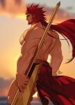  1boy artist_name axe bara beard biceps blurry blurry_background clothes_lift cloud cloudy_sky ear_piercing earrings facial_hair gomtang jewelry large_pectorals long_hair looking_to_the_side male_focus manly mature_male muscular muscular_male original outdoors pectorals piercing red_eyes red_hair signature skirt skirt_lift sky solo spiked_hair stud_earrings sunset thick_arms topless_male weapon 