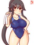  1girl alternate_costume artist_logo ass_visible_through_thighs black_hair blue_swimsuit breasts closed_eyes collarbone commentary_request competition_swimsuit cowboy_shot dated highleg highleg_swimsuit kanon_(kurogane_knights) kantai_collection large_breasts long_hair one-hour_drawing_challenge one-piece_swimsuit ponytail red_eyes simple_background solo standing swimsuit towel white_background yahagi_(kancolle) 