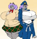  anthro big_breasts blue_eyes breasts canid canine canis clothing cosplay curvy_figure duo female fur grey_body grey_fur jules_&quot;pursuit&quot;_argyle lilac_hair mammal school_uniform superix thick_thighs uniform wolf 