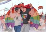  2boys animal_ears bara belt biceps black_hair blush bracelet confetti couple fang flag hand_on_another&#039;s_waist highres jewelry large_pectorals league_of_legends leather_belt lgbt_pride looking_at_another lou_host multiple_boys muscular muscular_male one_eye_closed pants pectorals ponytail rainbow_flag red_hair sett_(league_of_legends) shirt size_difference smile spiked_hair sylas_(league_of_legends) t-shirt tail tank_top teeth thick_arms thick_eyebrows thick_thighs thighs tight 
