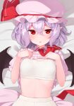  1girl ascot bangs bat_wings bed bloomers blush bra breasts clothes_lift collared_shirt eyes_visible_through_hair hair_between_eyes hands_up hat hat_ribbon highres kanpa_(campagne_9) lifted_by_self light_purple_hair looking_at_viewer looking_up lying midriff mob_cap necktie on_back open_mouth parted_lips pink_headwear pink_shirt pink_skirt pointy_ears puffy_short_sleeves puffy_sleeves purple_hair red_ascot red_eyes red_necktie red_ribbon remilia_scarlet ribbon shadow shirt shirt_lift short_hair short_sleeves sidelocks skirt skirt_removed skirt_set small_breasts solo sports_bra stomach tank_top touhou underwear white_bra wings 