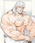  1boy abs artist_name bara bathroom bear biceps facial_hair fang gomtang green_eyes kresnik_(housamo) large_pectorals long_hair looking_to_the_side male_focus manly mature_male muscular muscular_male pectorals scar scar_across_eye scar_on_arm scar_on_chest scar_on_stomach signature smile solo thick_arms tokyo_afterschool_summoners toothbrush towel towel_around_waist veins veiny_arms white_hair 