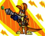  5:4 abstract_background anthro blue_eyes confident daxter digital_media_(artwork) eyewear feral fur goggles huntertallonian jak_and_daxter male mammal mustelid naughty_dog orange_body orange_fur ottsel paws pose semi-anthro smile solo sony_corporation sony_interactive_entertainment video_games weapon 