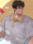  1boy bara beach black_hair collared_shirt frown full_service_(mazjojo) glasses highres looking_to_the_side male_focus manly mature_male muscular muscular_male outdoors rald_schwarz shirt solo spiked_hair teeth user_gggs3572 yellow_eyes 
