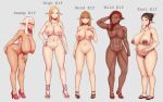  5girls abubu black_hair blonde_hair blue_eyes blush breasts brown_hair closed_mouth dark-skinned_female dark_skin elf full_body hanging_breasts highres huge_breasts lactation large_breasts lineup long_hair looking_at_viewer multiple_girls navel nipples nude original pointy_ears pregnant pubic_hair pussy red_eyes red_hair sagging_breasts sandals shiny shiny_skin smile standing white_hair 