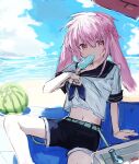  1boy animal_ears ansel_(arknights) ansel_(casual_vacation)_(arknights) arknights arm_support beach black_shorts blue_neckerchief blue_sky cloud cloudy_sky floppy_ears food fruit hair_between_eyes highres looking_at_viewer male_focus midriff mkmk_osakanakun mouth_hold navel neckerchief official_alternate_costume one-hour_drawing_challenge otoko_no_ko pink_eyes pink_hair popsicle_in_mouth rabbit_boy rabbit_ears sand shirt shirt_tug short_hair short_sleeves shorts sitting sketch sky solo sweat umbrella water watermelon white_shirt 