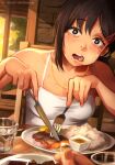  1girl absurdres black_hair blush breasts chainsaw_man eating food hair_ornament hairclip higashiyama_kobeni highres jewelry khyle. long_hair looking_at_viewer mole mole_under_eye mole_under_mouth open_mouth ring shirt short_ponytail simple_background solo white_shirt 