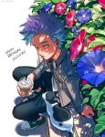  1boy animal bags_under_eyes black_pants boku_no_hero_academia cat cup dated_commentary dew_drop flower frown green_footwear grey_jacket half-closed_eyes happy_birthday holding holding_cup jacket long_sleeves looking_to_the_side male_focus morning_glory ohhhhhhtsu open_clothes open_jacket pants purple_flower purple_hair red_flower shadow shinsou_hitoshi shirt shoes short_hair simple_background sitting solo water_drop white_background white_shirt 