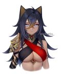  1girl animal_ears bare_shoulders black_hair blue_eyes breasts cat_ears commentary_request criss-cross_halter cropped_torso dehya_(genshin_impact) eyeshadow genshin_impact halterneck helloimtea highres large_breasts long_hair makeup midriff simple_background solo upper_body white_background 