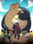  alpha_pokemon apple blue_sky blurry blurry_foreground character_request cloud cloudy_sky commentary_request fangs food from_behind fruit holding holding_food holding_fruit kabigon outdoors pokemon pokemon_(creature) pokemon_(game) pokemon_legends:_arceus red_apple red_eyes sky snorlax sweat 