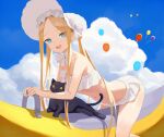  1girl abigail_williams_(fate) abigail_williams_(swimsuit_foreigner)_(fate) abigail_williams_(swimsuit_foreigner)_(third_ascension)_(fate) balloon banana_boat bangs bare_shoulders bikini black_cat blonde_hair blue_eyes blue_sky blush bonnet bow breasts cat fate/grand_order fate_(series) forehead hair_bow highres long_hair looking_at_viewer miniskirt navel open_mouth parted_bangs sidelocks siu_hing5262 skirt sky small_breasts smile swimsuit thighs twintails very_long_hair white_bikini white_bow white_headwear 