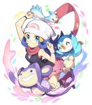  1girl absurdres bare_shoulders blue_eyes bracelet breasts character_request dawn_(pokemon) glowing highres jewelry kabigon long_hair looking_at_viewer pink_footwear pink_skirt pokemon pokemon_(creature) pokemon_(game) pokemon_dppt scarf simple_background skirt small_breasts white_background white_headwear 