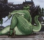  2022 anthro argonian bethesda_softworks building dagger deeja detailed_background digital_media_(artwork) facial_scar female genitals green_body high_heels horn melee_weapon nude plant pussy scalie scar sligarthetiger solo spots the_elder_scrolls tree video_games weapon 