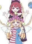  2girls absurdres american_flag_dress black_shirt blonde_hair blush_stickers chain clownpiece colored_skin dress earth_(ornament) fairy fairy_wings frilled_skirt frills hat hecatia_lapislazuli highres jester_cap kame_(kamepan44231) long_hair moon_(ornament) multicolored_skin multiple_girls off-shoulder_shirt off_shoulder one-hour_drawing_challenge open_mouth pink_eyes polka_dot polka_dot_headwear polos_crown purple_headwear red_eyes red_hair round_teeth shirt short_hair short_sleeves simple_background skirt smile star-shaped_pupils star_(symbol) star_print striped striped_dress symbol-shaped_pupils t-shirt teeth touhou upper_teeth white_background wings 