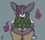  2022 anthro belly bigtimekudo clothed clothing colored digital_drawing_(artwork) digital_media_(artwork) embarrassed hair male mammal overweight overweight_anthro overweight_male pozhar_(bigtimekudo) signature simple_background solo sweater sweater_vest topwear vest wide_hips 