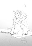  2020 anthro black_and_white breasts casual_nudity female genitals hi_res looking_up mammal monochrome nipples nude nude_anthro nude_female partially_submerged pooqa portrait public public_nudity pussy sketch solo straddling sun surfboard three-quarter_portrait water 