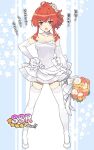  ahoge alternate_hairstyle arashi_(kancolle) bouquet dress elbow_gloves garter_straps gloves kantai_collection nakadori_(movgnsk) red_eyes red_hair sidelocks strapless strapless_dress thighhighs wedding_dress white_gloves white_legwear 