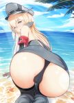  1girl all_fours ass beach bismarck_(kancolle) black_panties blonde_hair blue_eyes blue_sky blush cameltoe elbow_gloves from_behind gloves grey_legwear hat highres kantai_collection long_hair looking_at_viewer looking_back merrytail military military_hat military_uniform multicolored_clothes multicolored_gloves ocean open_mouth panties peaked_cap sky solo sunlight thighhighs underwear uniform 