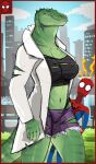  2022 ambiguous_gender anthro breasts city clothed clothing coat crossgender detailed_background dont_touch_rats duo female female_focus green_body green_scales hi_res human lab_coat lizard mammal marvel midriff mtf_crossgender outside portrait reptile scales scalie solo_focus spider-man_(character) spider-man_(series) the_lizard_(marvel) three-quarter_portrait topwear torn_clothing 